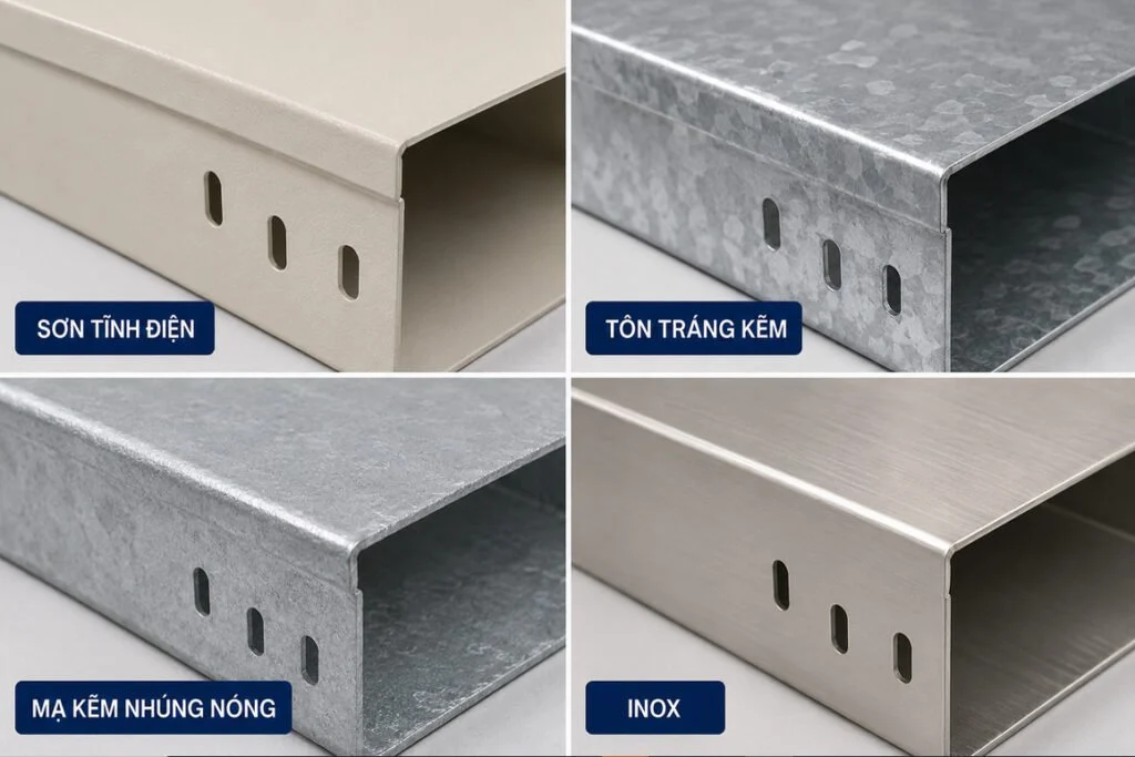 Kinh Nghiệm Chọn Thang Máng Cáp Đúng Chuẩn – Tránh Sai Lầm Tốn Kém 5 Cận cảnh bề mặt máng cáp sơn tĩnh điện - tôn tráng kẽm - mạ kẽm nhúng nóng -inox