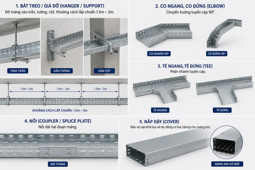 Kinh Nghiệm Chọn Thang Máng Cáp Đúng Chuẩn – Tránh Sai Lầm Tốn Kém 7 Bộ phụ kiện thang máng cáp đồng bộ – co ngang, tê, nối, nắp đậy