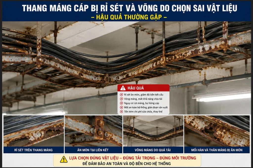 Kinh Nghiệm Chọn Thang Máng Cáp Đúng Chuẩn – Tránh Sai Lầm Tốn Kém 8 Thang máng cáp bị rỉ sét và võng do chọn sai vật liệu – Kinh nghiệm chọn thang máng cáp tránh hậu quả tồi tệ